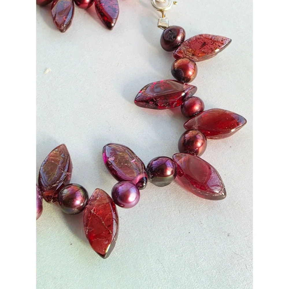 Handmade Sterling Silver 925 Garnet and Genuine Pearl Bracelet Red Wine Gift